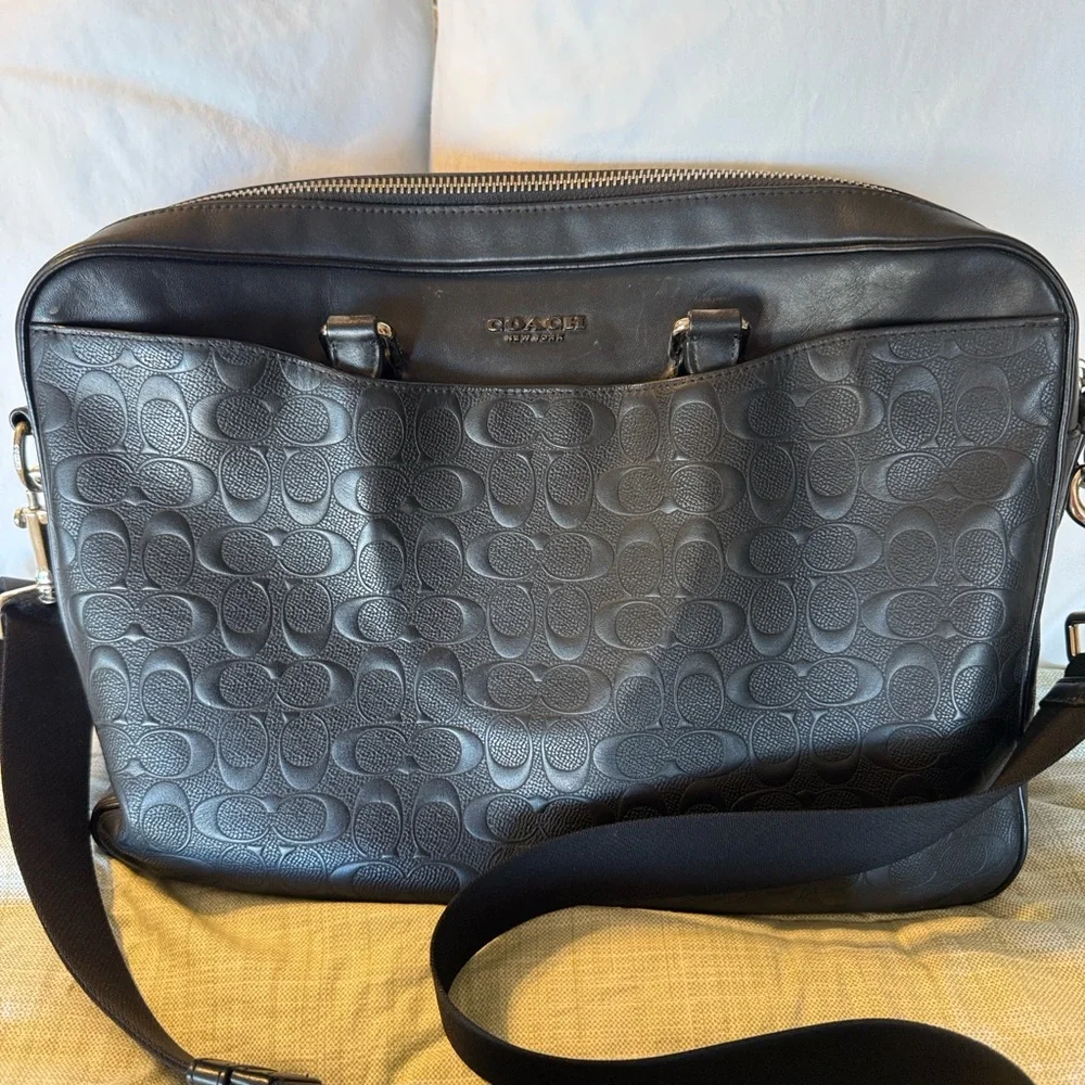 Coach Black Embossed Signature Leather Brief Laptop Bag